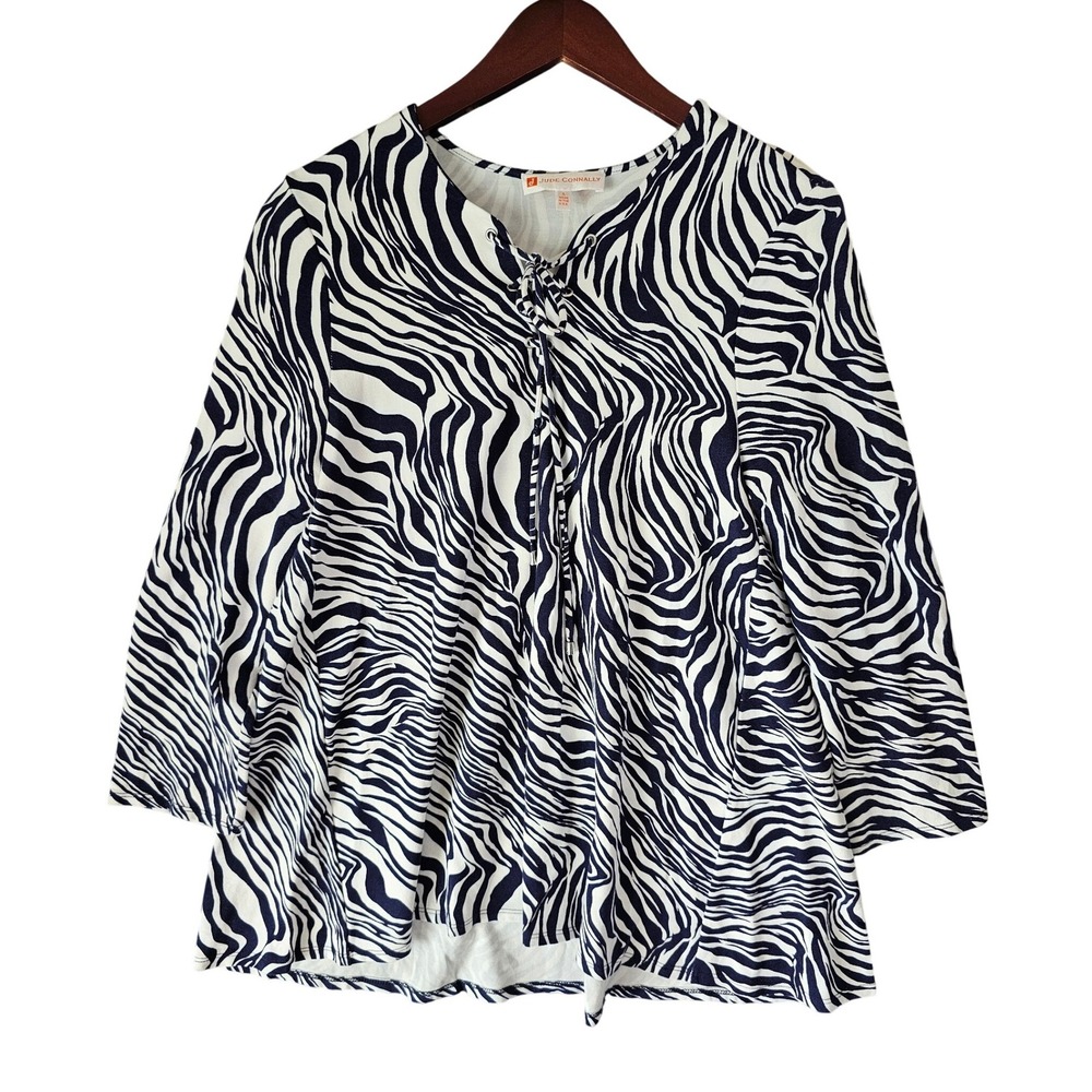 Jude Connally Navy White Zebra Print Lace Up Tunic Top 3/4 Sleeve Large USA